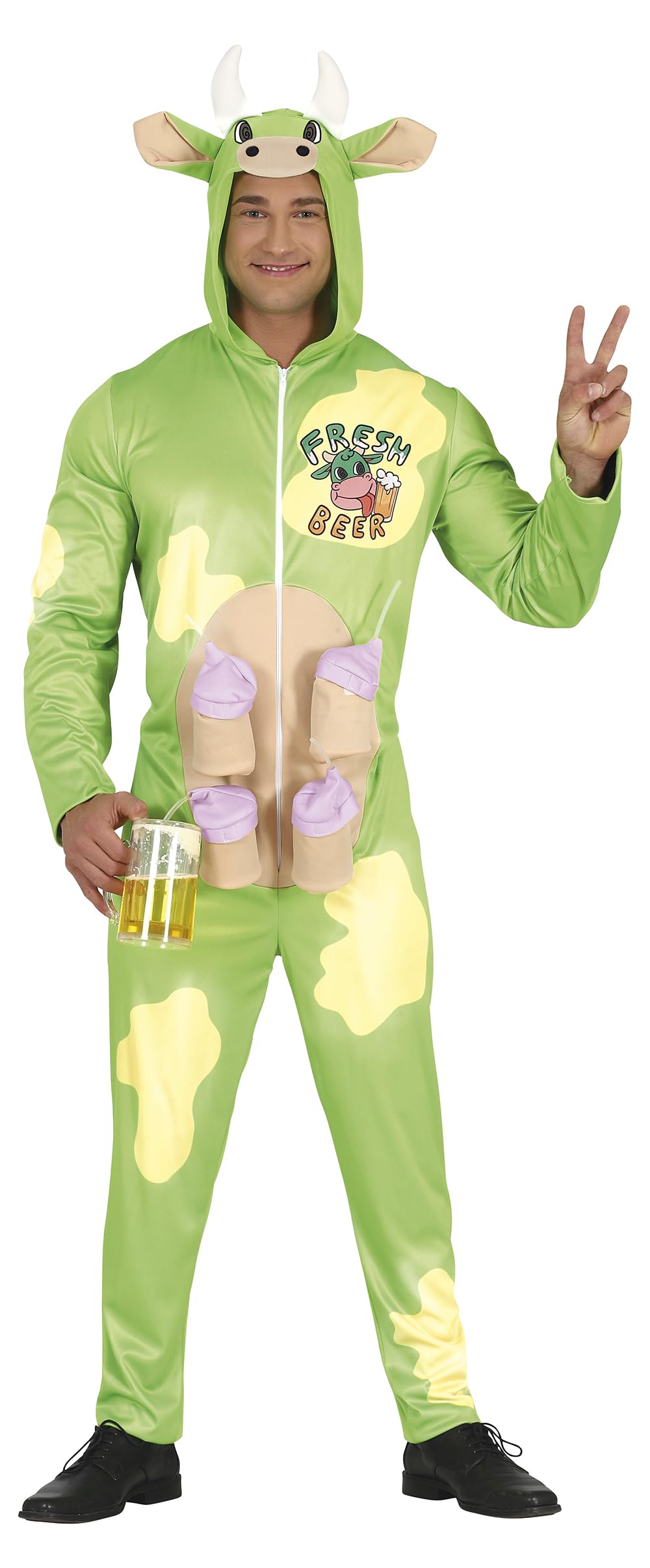 FIESTAS GUIRCA Beer Cow Stag Do Fancy Dress Costume - Funny Cow Jumpsuit with Four Beer Can Holders for Men Size M