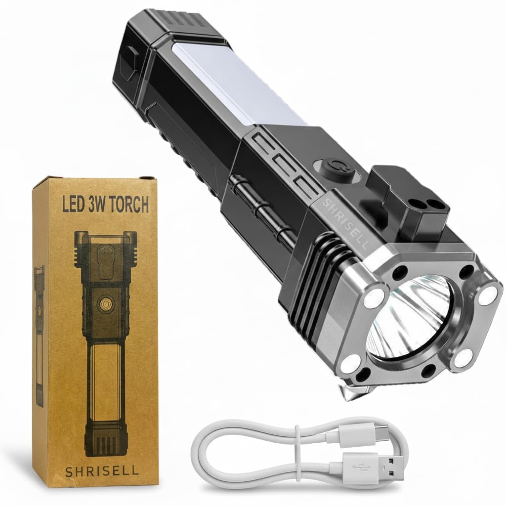 Rechargeable Hammer Torch Light 6 in 1 | 3W LED High Power Flashlight | Glass Breaker & Seat Belt Cutter | Long Range Beam, Water Resistant, Portable Emergency Tourch for Home, Car & Outdoor Use-image-15