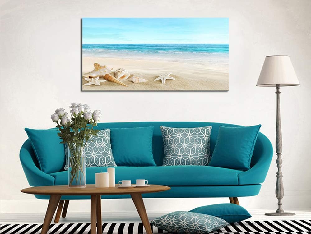 DZL Art S73950 Beach Picture Decor Ocean Painting Canvas Wall Art Prints of Starfish and Seashell on Sandy Seaside Ready to Hang for Living Room Bedroom Office Wall Decor Home Decoration - Image 2