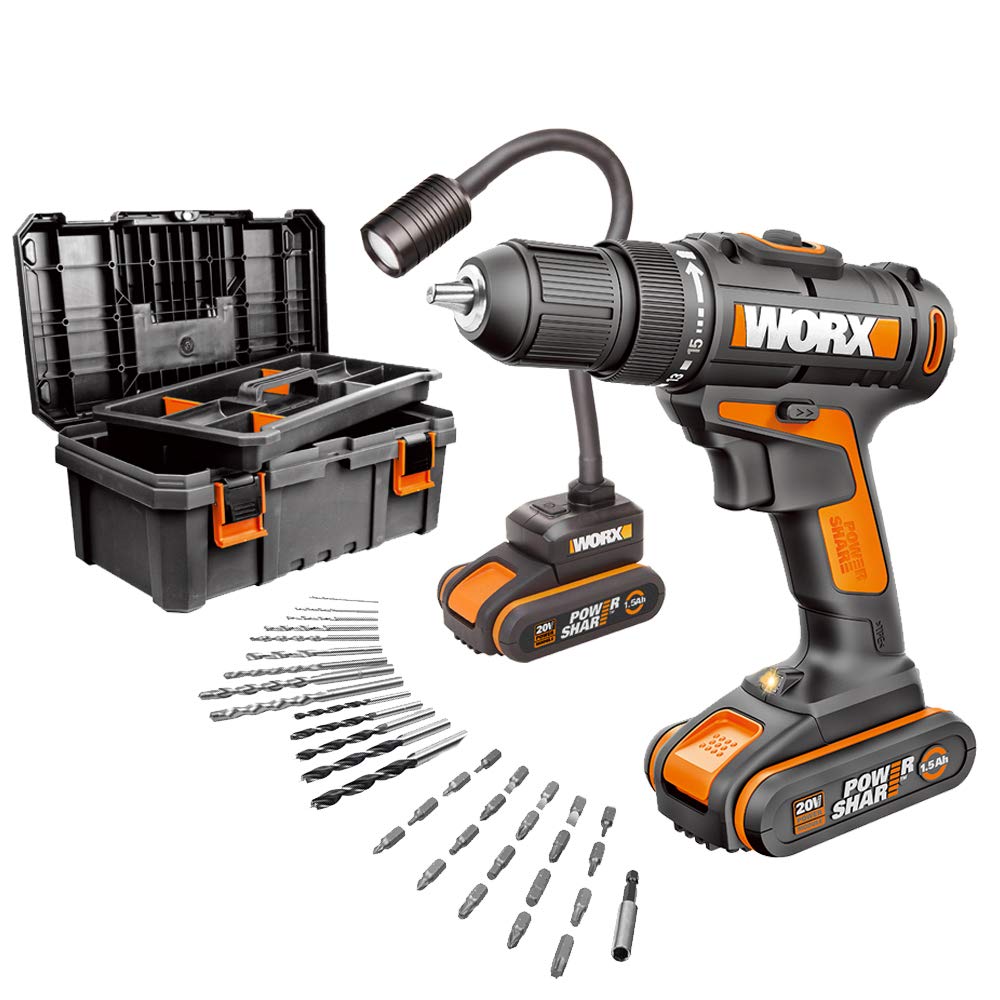 Worx WX977 wiertarko-wkrętarka akumulatorowa lampa elastyczna 20 V ze skrzynką narzędziową, 35 śrubokrętów i wiertarek. 2 akumulatory