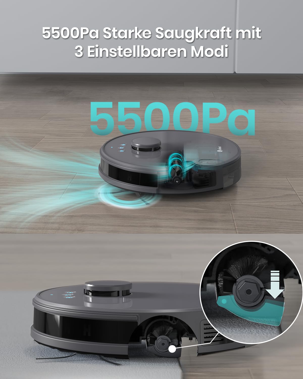 Lefant Staubsauger Roboter, Saugroboter mit No-Go-Zonen 5500Pa Saugleistung 200min Laufzeit, Mehrstufiges Mapping, Saug und Wischroboter für Tierhaare, Teppiche und Hartböden,Grau