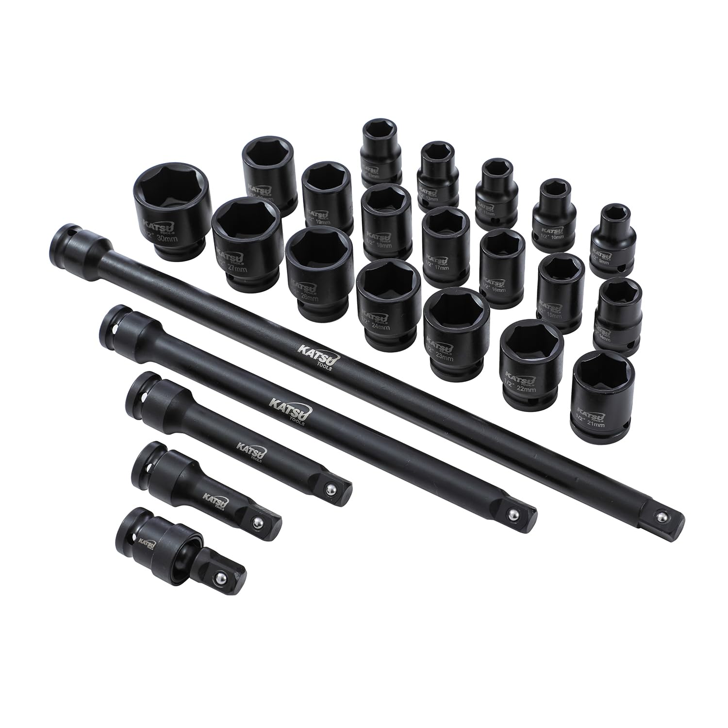KATSU Tools Zestaw 43 szt. wytrzymałych nasadek udarowych 1/5.1 cm Napęd 6-punktowy 9-30 mm metryczny standardowy/głęboki zestaw nasadek udarowych, stal stopowa chromowo-wanadowa, narzędzie
