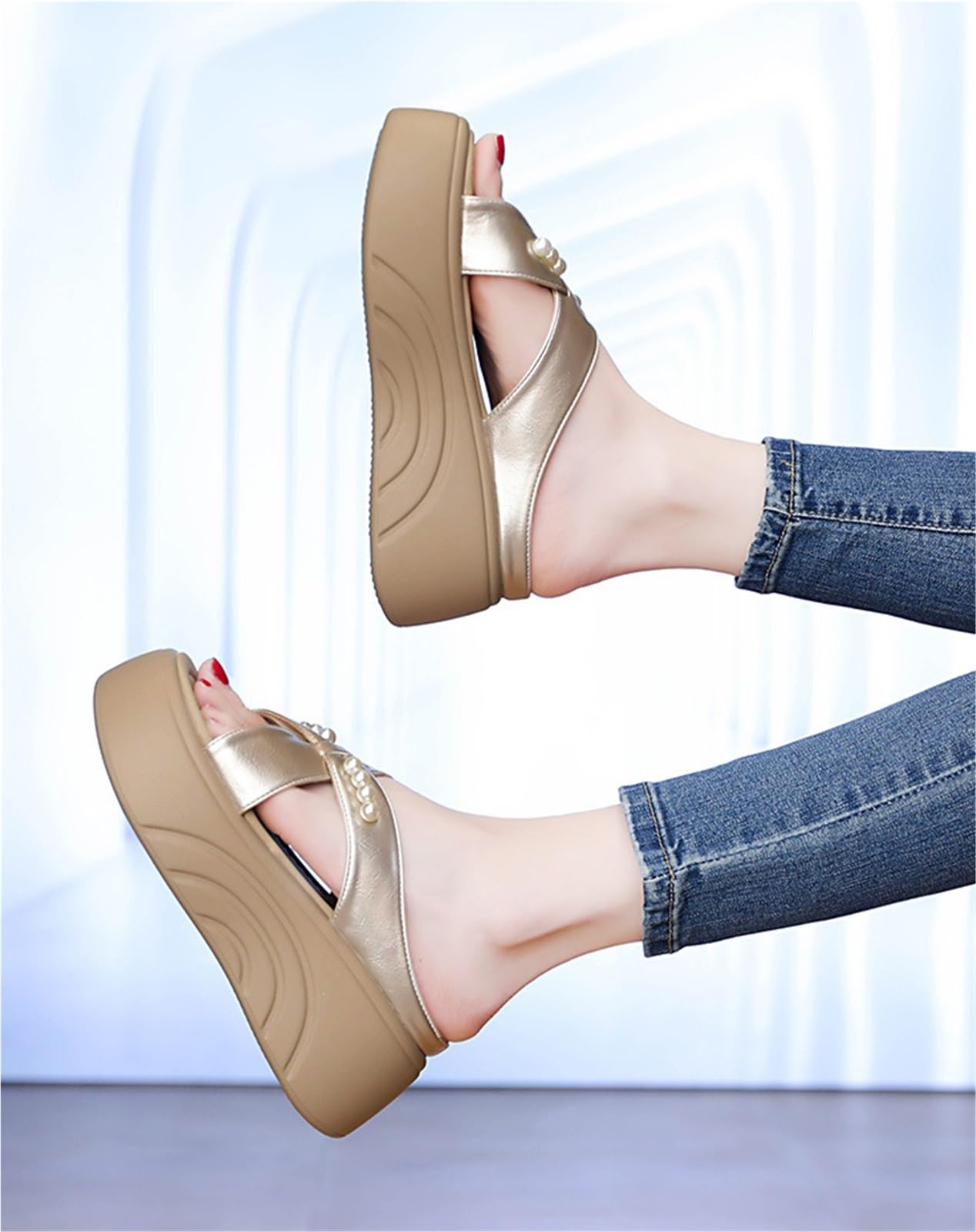 Damskie buty plażowe na platformie 7 cm, Złoty, 36.5 EU