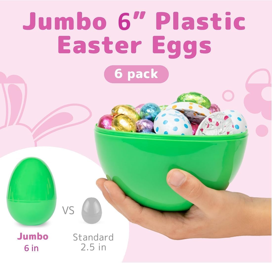 easter eggs，Jumbo Fillable Easter Eggs Colorful Bright Plastic Easter Eggs, Perfect for Easter Egg Hunt, Birthday Party Surprise Egg, Easter Hunt, Assorted Colors, 6" Giant Fillable Eggs. (6 Pack)