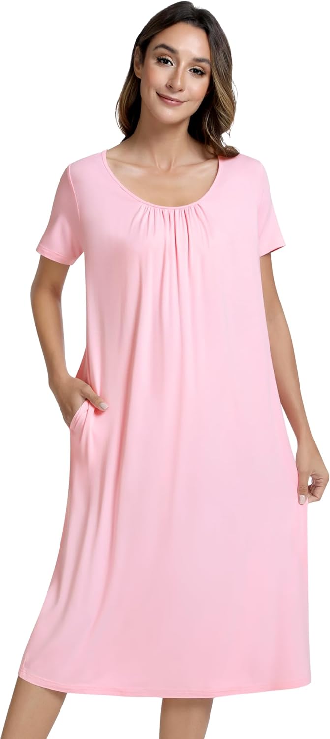 NACHILA Women’s Nightgowns-Viscose Made from Bamboo,Short Sleeve Nightshirt Crew Neck Sleep Shirts Cool Sleep Dress