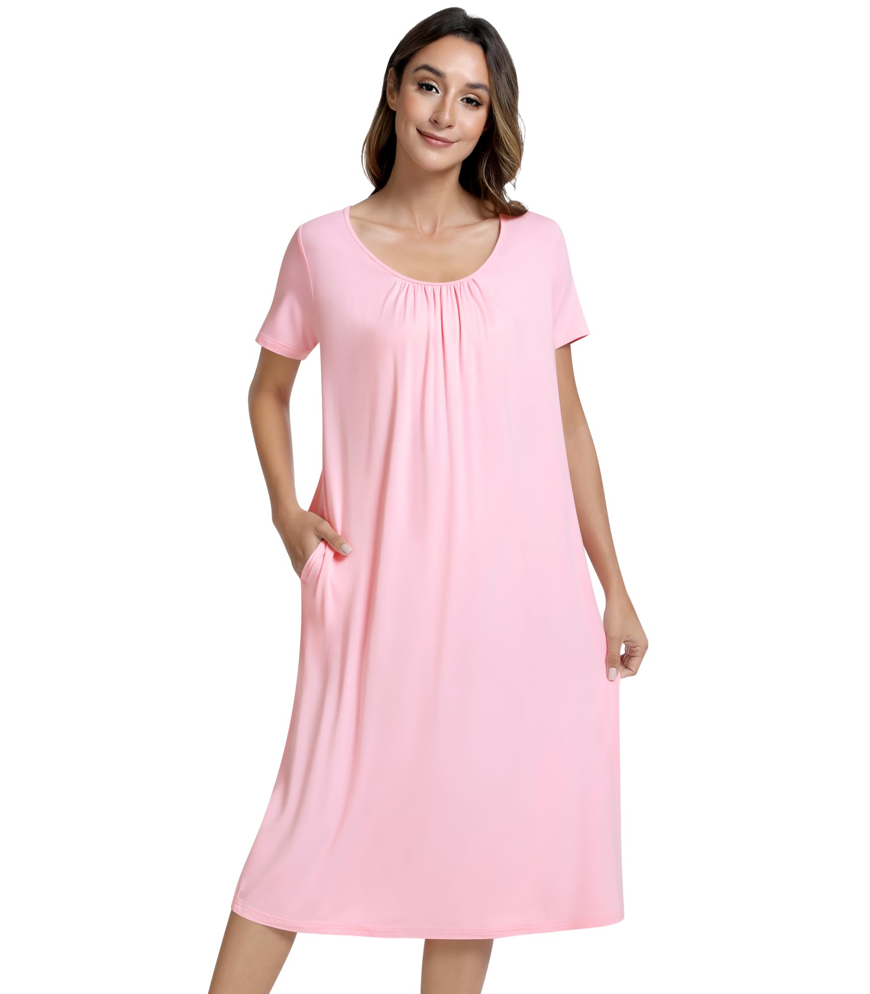 NACHILA Women's Nightgowns-Viscose Made from Bamboo,Short Sleeve Nightshirt Soft Sleep Shirts Cool Sleep Dress with Pockets