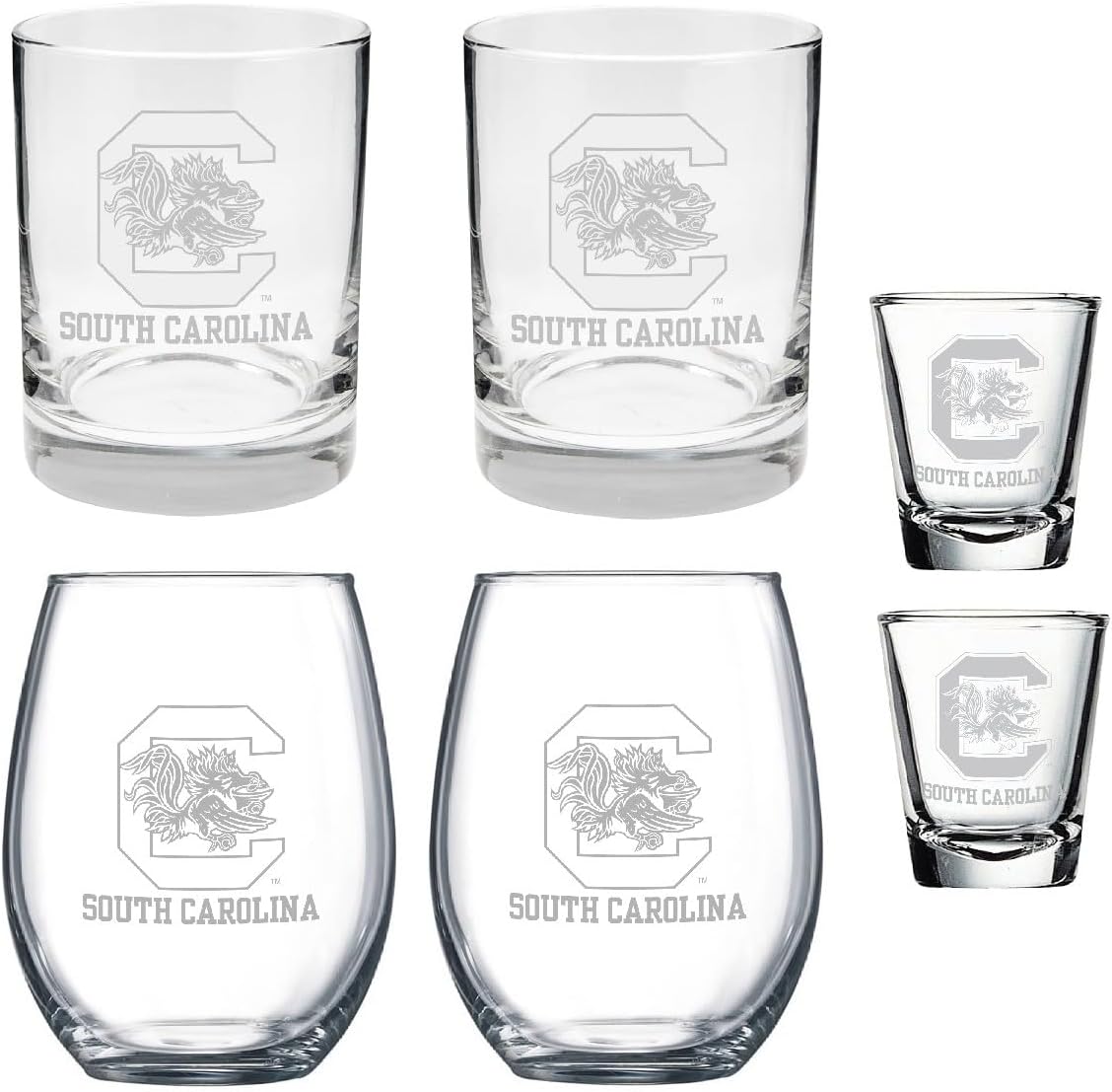 Clemson 6 Piece Satin Etched Glass Combo Set -Includes 2 Wine, 2 Rock/Whiskey and 2 Shot Glasses