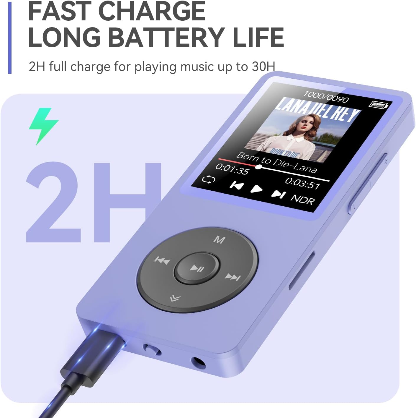 AGPTEK A02 MP3 Player connected via USB-C for fast charging, showing battery life.
