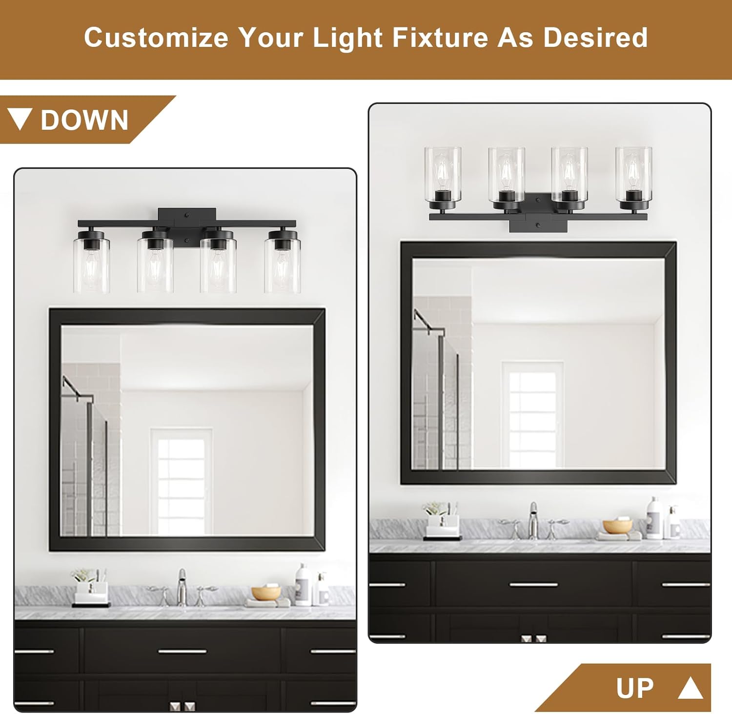 IZORRO Modern Bathroom Light Fixtures, 4 Light Black Vanity Lights, Bathroom Lighting Fixtures Over Mirror with Clear Glass for Living Room Cabinet Bedroom