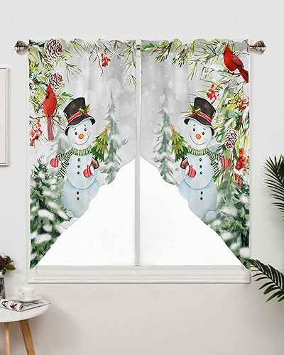 Miniatura 10 de Cenefas de muñeco de nieve para ventanas, diseño de pájaro cardenal rojo, árbol de Navidad, cenefas de cortina de cocina con bolsillo para barra,
