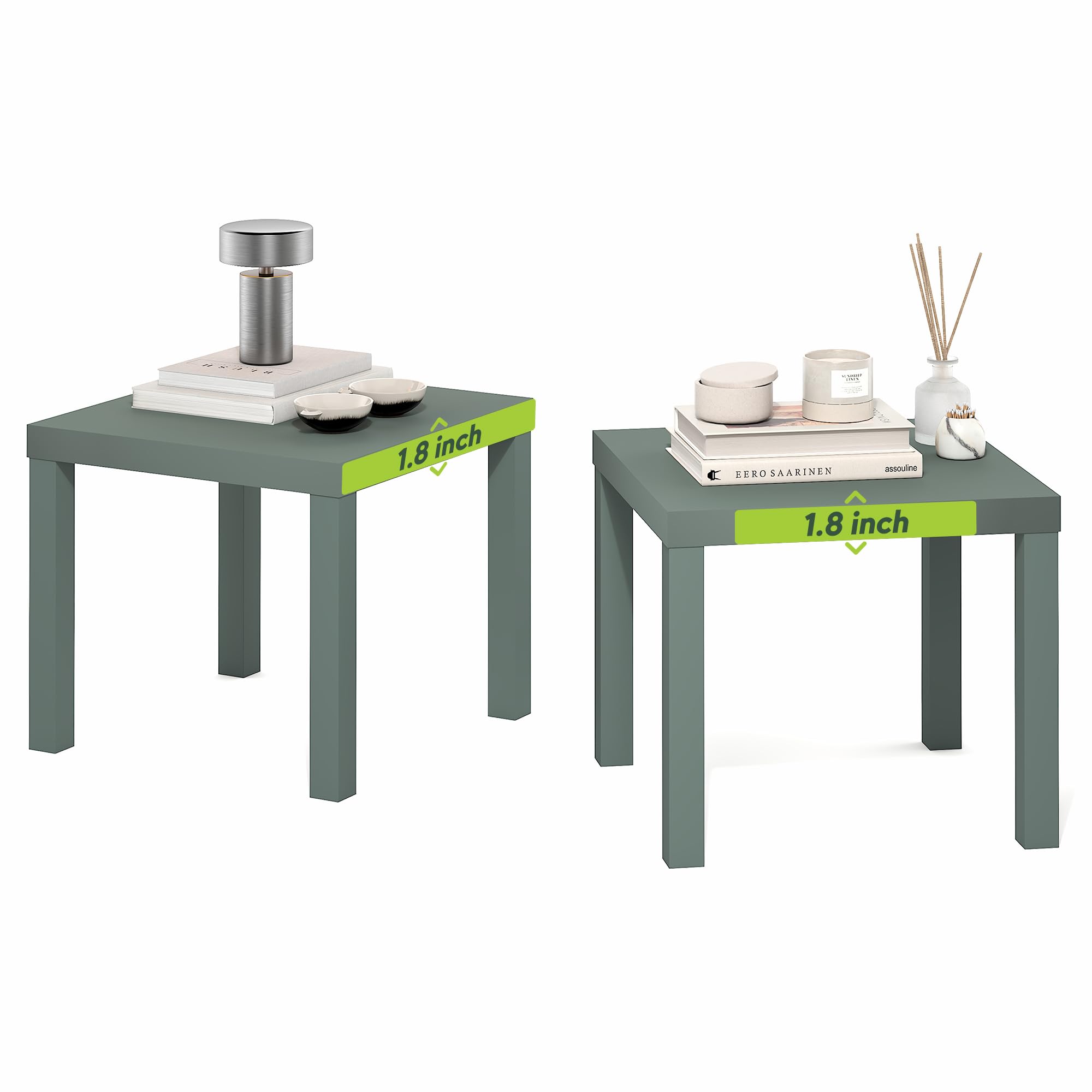 Furinno CLASSIC Side Table Set of 2, Square End Table with 1.8 Thick Tabletop, Night Stand, Bedside Table, for Living Room, Bedroom, Sage Green