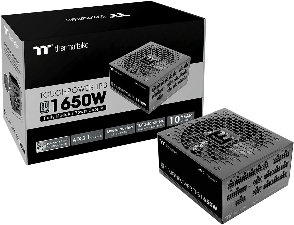 Thermaltake Toughpower TF3 1650W; ATX 3.1; x2 Native PCIe 5.1 12V-2x6; Dual-Color H++ Connectors; Multi/Single Rail OCM Toggle; 100% Japanese Capacitors; 80 Plus Titanium; PS-TPD-1650FNFATU-1