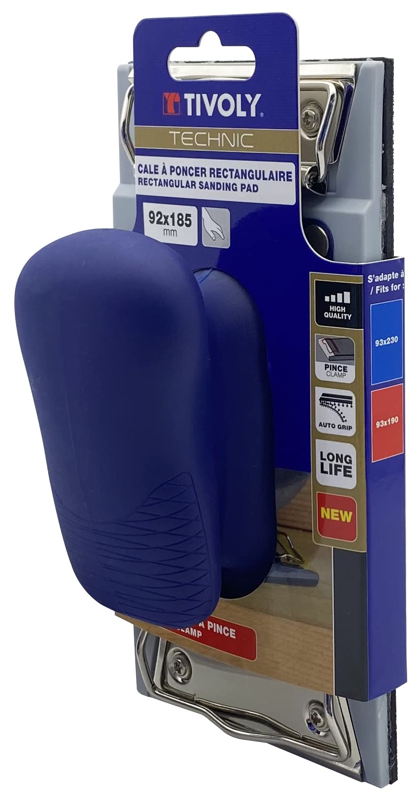 Tivoly XT101520001 - Blocco abrasivo rettangolare, 92 x 185 mm, con velcro e pinze, ergonomico, colore: Blu Grigio
