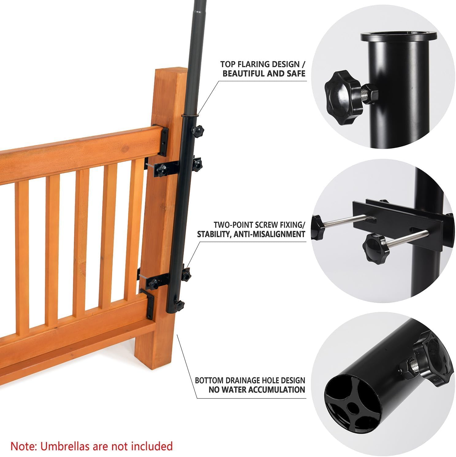 304 Stainless Steel Umbrella Holder for Deck Railing, Heavy-Duty Patio Umbrella Mount, Easy Installation Adjustable Outdoor Umbrellas Base(Post, Black)
