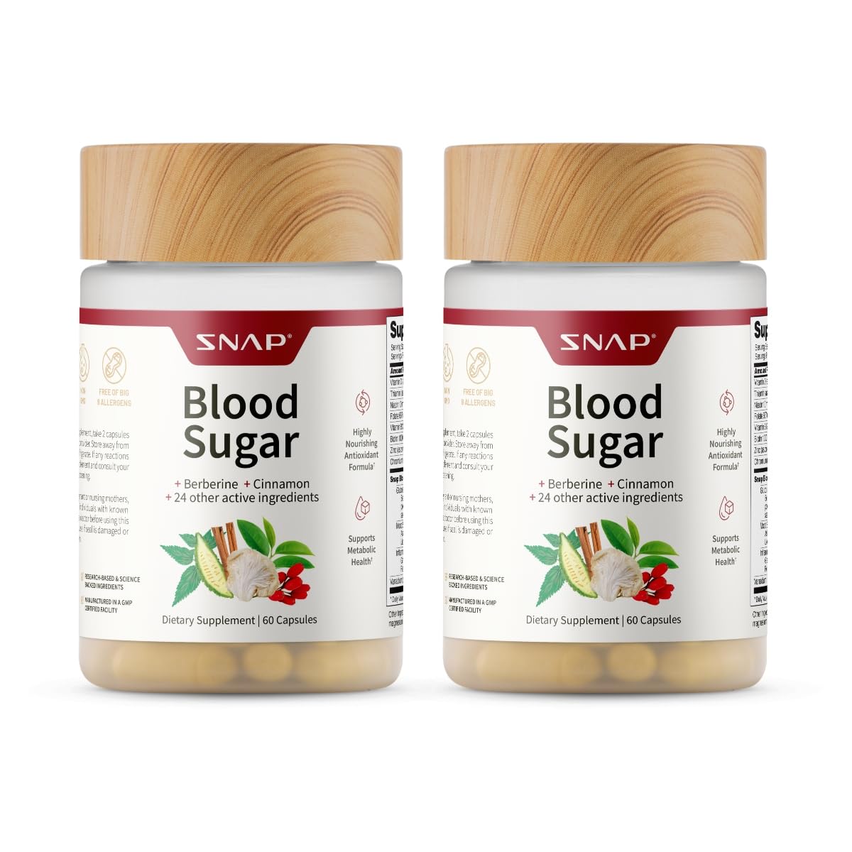 Snap Supplements Blood Sugar Blend with Berberine, CoQ10, Cinnamon, and Gymnema to Support Already Healthy Blood Sugar, Metabolic Health and Energy, Sugar Free, 60 Capsules 2-Pack (Packaging May Vary)