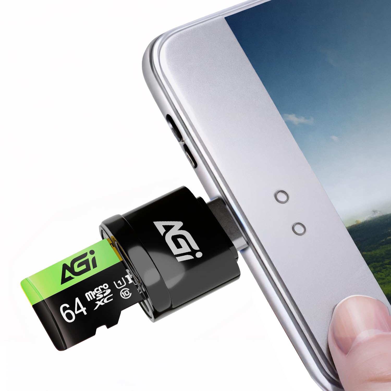 AGI TF138 Carte Micro SD MicroSDXC 64 Go 3 en 1 avec Adaptateur SD et Lecteur de Carte Mémoire Type C USB 2.0 OTG pour PC, Ordinateur Portable, Smartphone