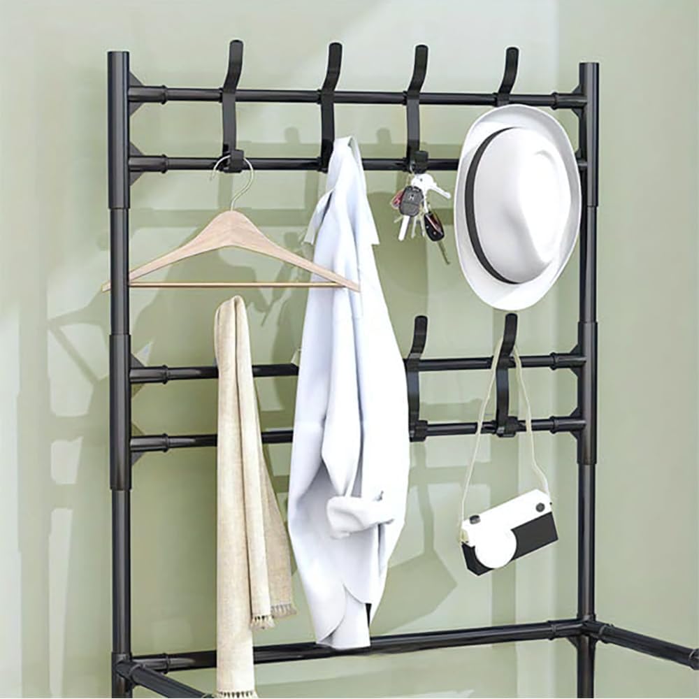 Color Black Size 5 Tier Coat and Shoe Rack,Modern Minimalist Coat Rack with 8 Hooks,Freestanding Entryway Shoe Shelf for Living Room, Hallway, Bedroom Black
