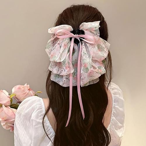 Miniatura 2 de Pinza para el cabello, 3 clips grandes de gasa floral con lazo, elegantes lazos de seda satinada, regalo ideal para mujeres y niñas (color aleatorio)