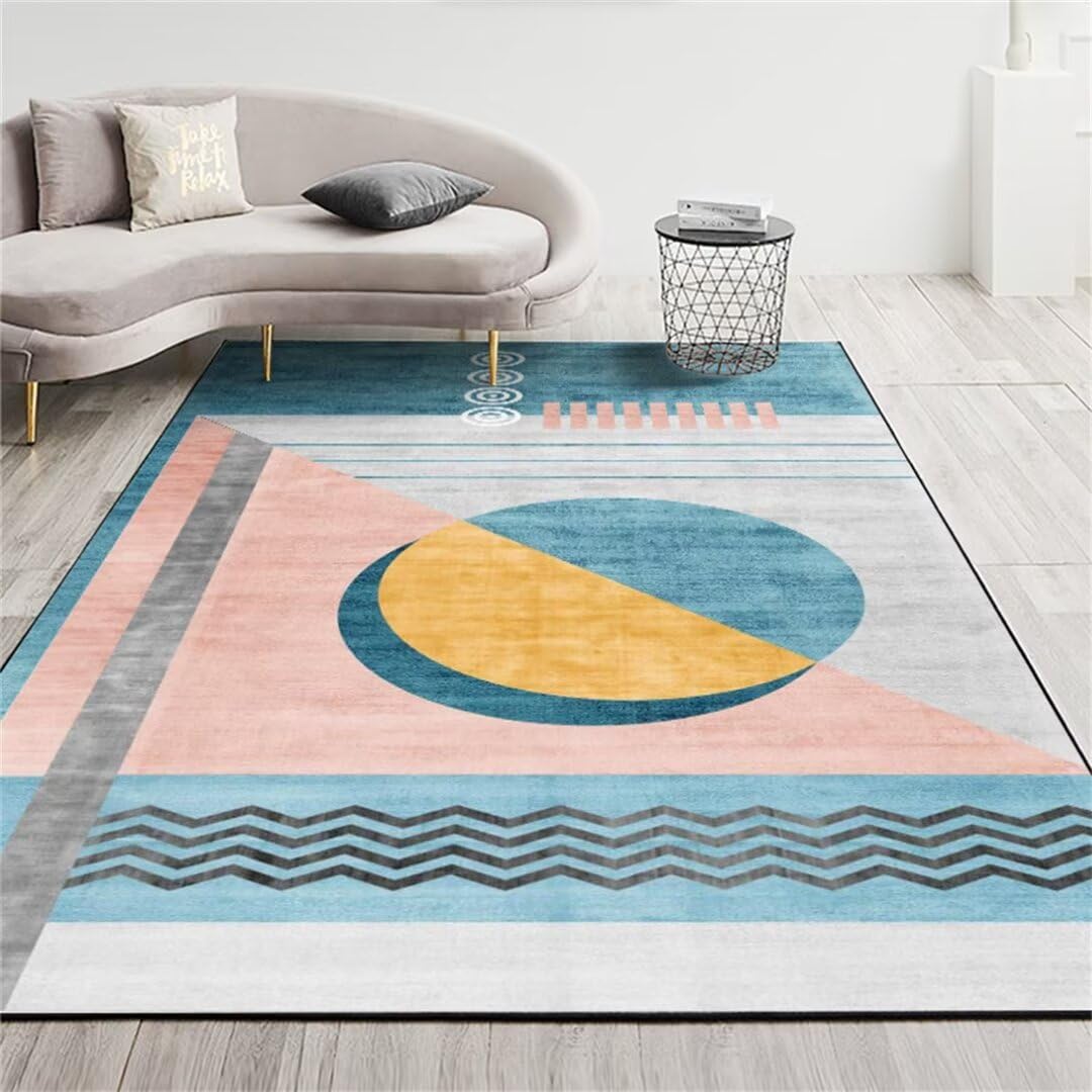 Tapis poil court bleu lavable en machine 200x300cm fini les taches et glissades au salon