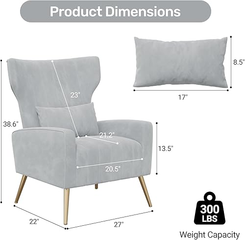 Miniatura 2 de Juego de 2 Sillas de Acento de Terciopelo Wingback para Sala de Estar, Silla de Brazos de Respaldo Alto con Patas Doradas y Almohada Lumbar, Sofá