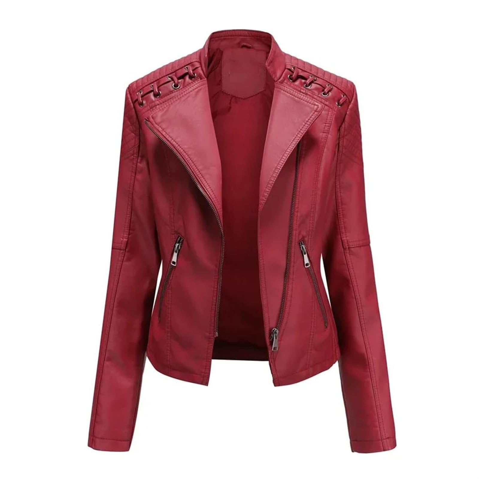 Chaqueta de piel sintética para mujer, con cremallera y cuello de solapa, chaqueta de motociclista con costuras