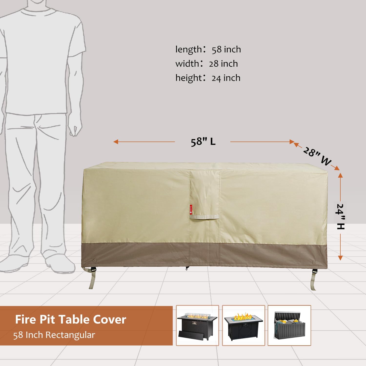 SheeChung Fire Pit Cover Rectangular 58"L x 28"W x 24"H,Waterproof 600D Heavy Duty Outdoor Fire Table Covers,56",57",58" Rectangular Cover Fits Propane Gas Fire Pit,Deck Box,Beige