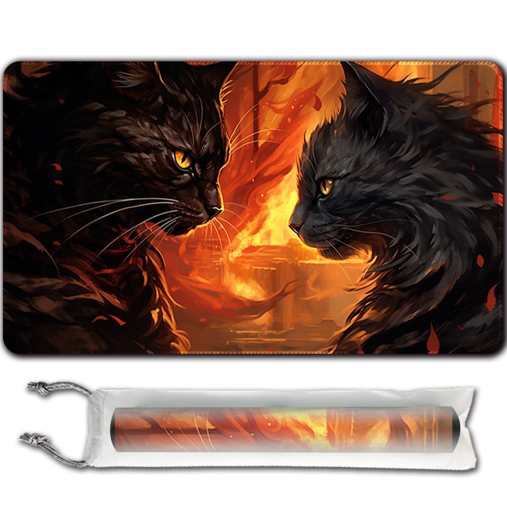 April SpacePlaymat Board Game MTG Duel Playmat Trading Card 23.6 x 13.8in Game Mat Stitching Edges Compatible for TCG CCG RPG OCG with Card Zones + Free Waterproof Bag (Black Cat,No Zone)