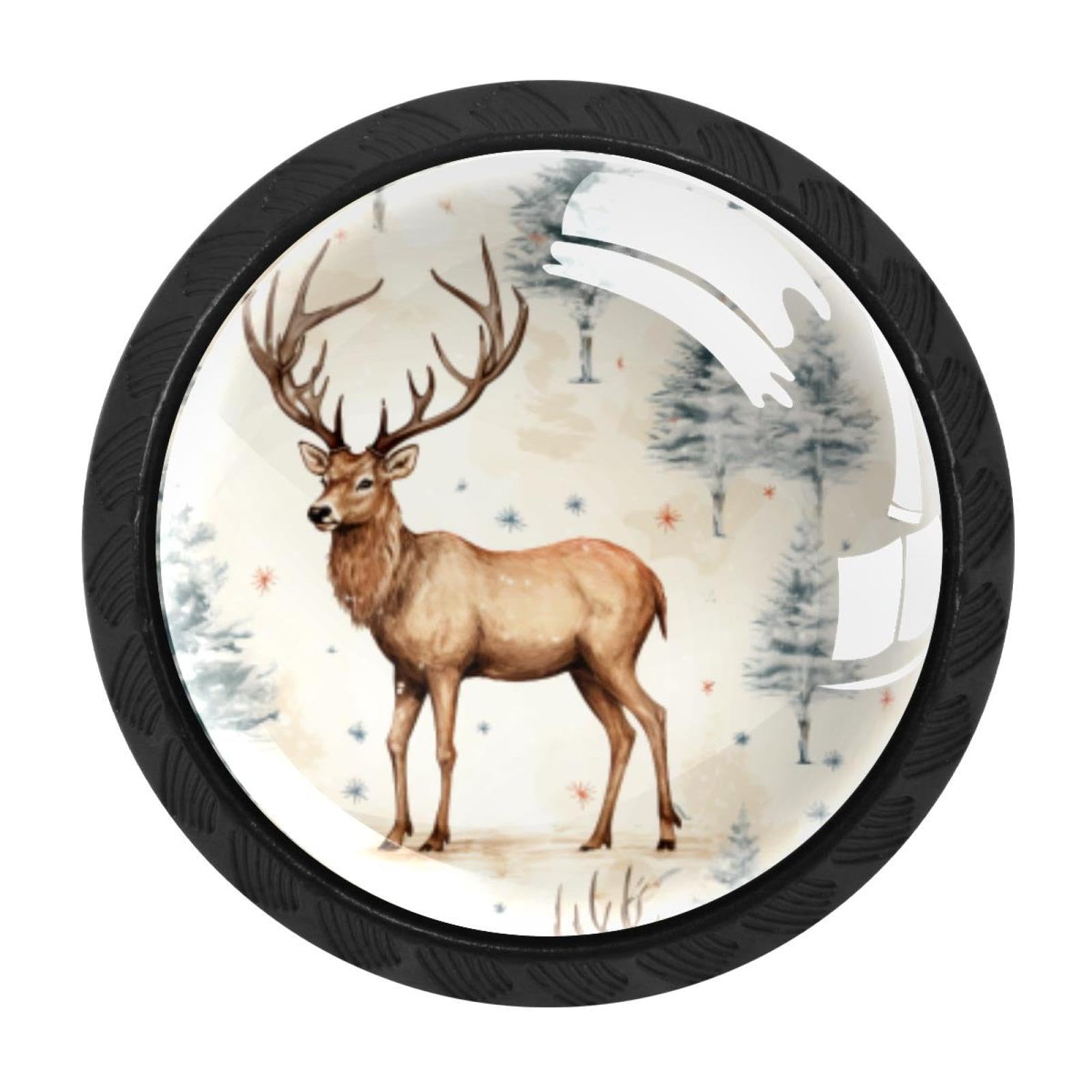 CHENZZZZ 4 Pack Round Cabinet Knobs for Kitchen Bathroom Closet Dresser Cabinets, Christmas Elk