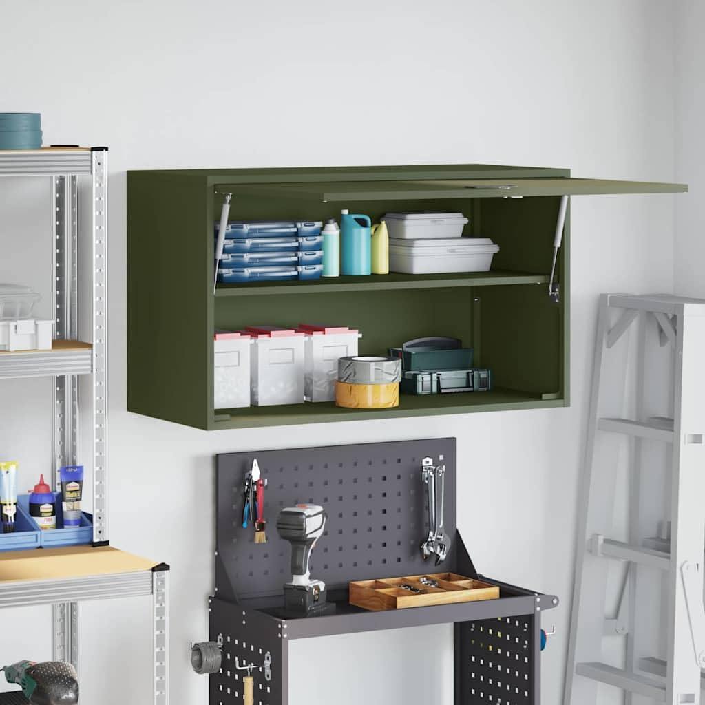 Armario de pared para garaje con puerta de elevación de gas, color verde oliva – Elevador de gas para almacenamiento de garaje para estructura de acero resistente y ahorro de espacio en la