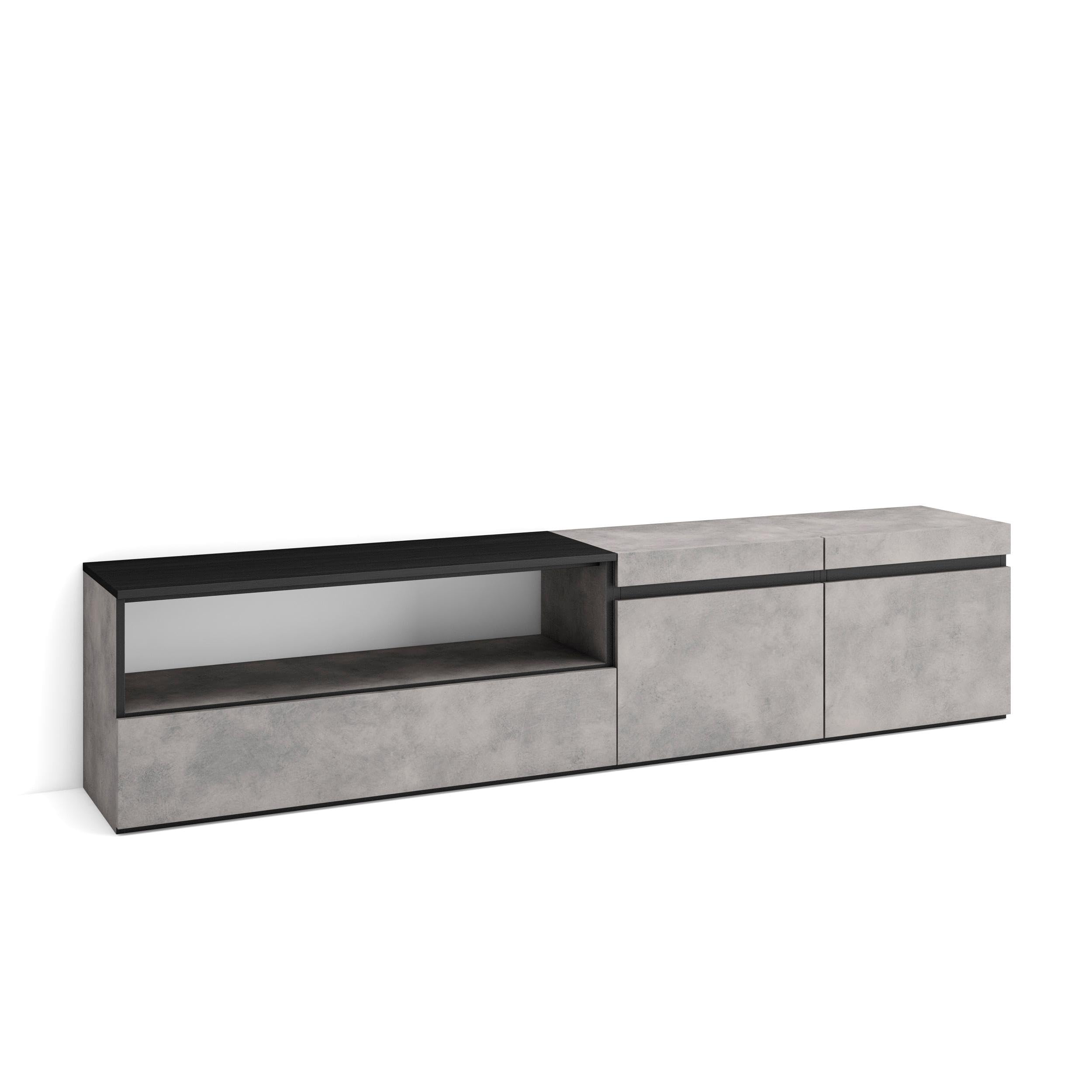 Banc télé 200cm avec grand espace de rangement Skraut Home style moderne coloris gris ciment