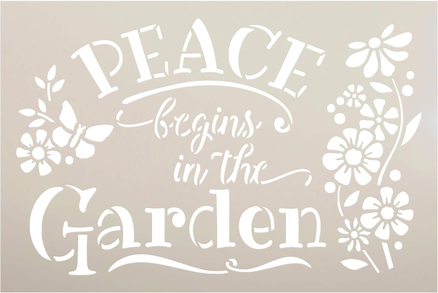 Peace Begins - Garden Stencil by StudioR12 | Reusable Mylar Template | Paint Wood Sign | Flower - Butterfly | Craft DIY Home Decor | Cursive Script Gift - Porch | Select Size (12 inches x 8 inches)