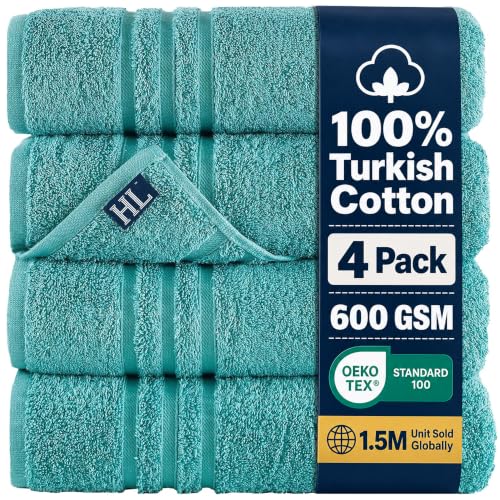 Hawmam Bath Linen Towels Large, Turkish Cotton, 4 Pack, Green Water
