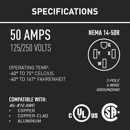 Miniatura 2 de Legrand Pass & Seymour 3894CC6 - Receptáculo de toma de corriente de 50 amperios 125/250 V, 3 polos, 4 cables, NEMA 14 50R, negro (1 unidad)