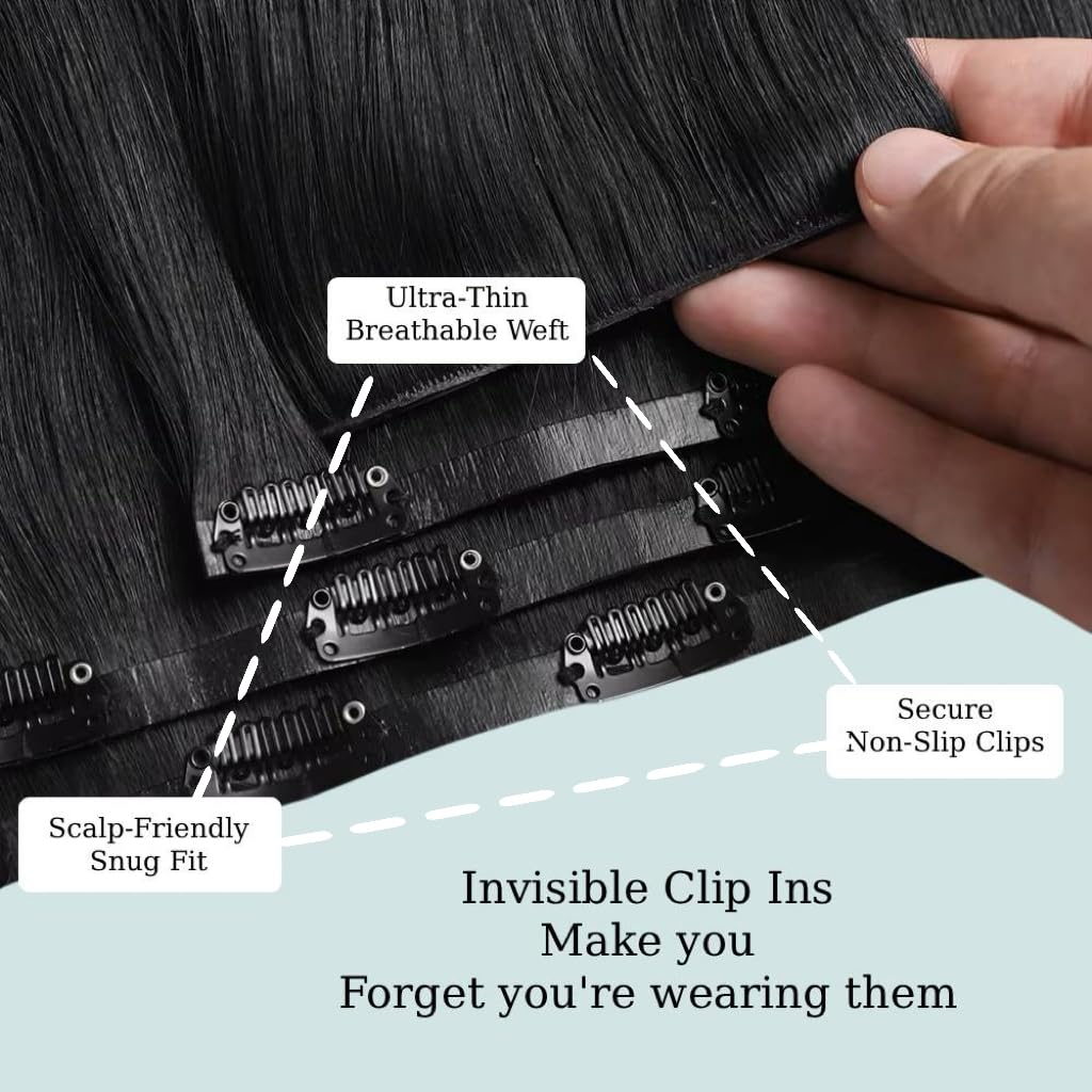 Yaki Straight Invisible Human Hair Clip in Extensions Full Max with 100% Real Soft Human Remy Human Hair Yaki Straight Clip Ins 7Pcs Per Set Natural Black (Invisible Yaki Straight, 16Inch)