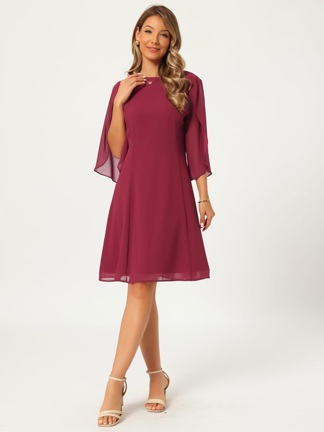 Seta T Women's Chiffon Dresses Flutter 3/4 Sleeve Crewneck Flowy Knee Length Dress Cocktail Party Wedding Outfits - Image 3