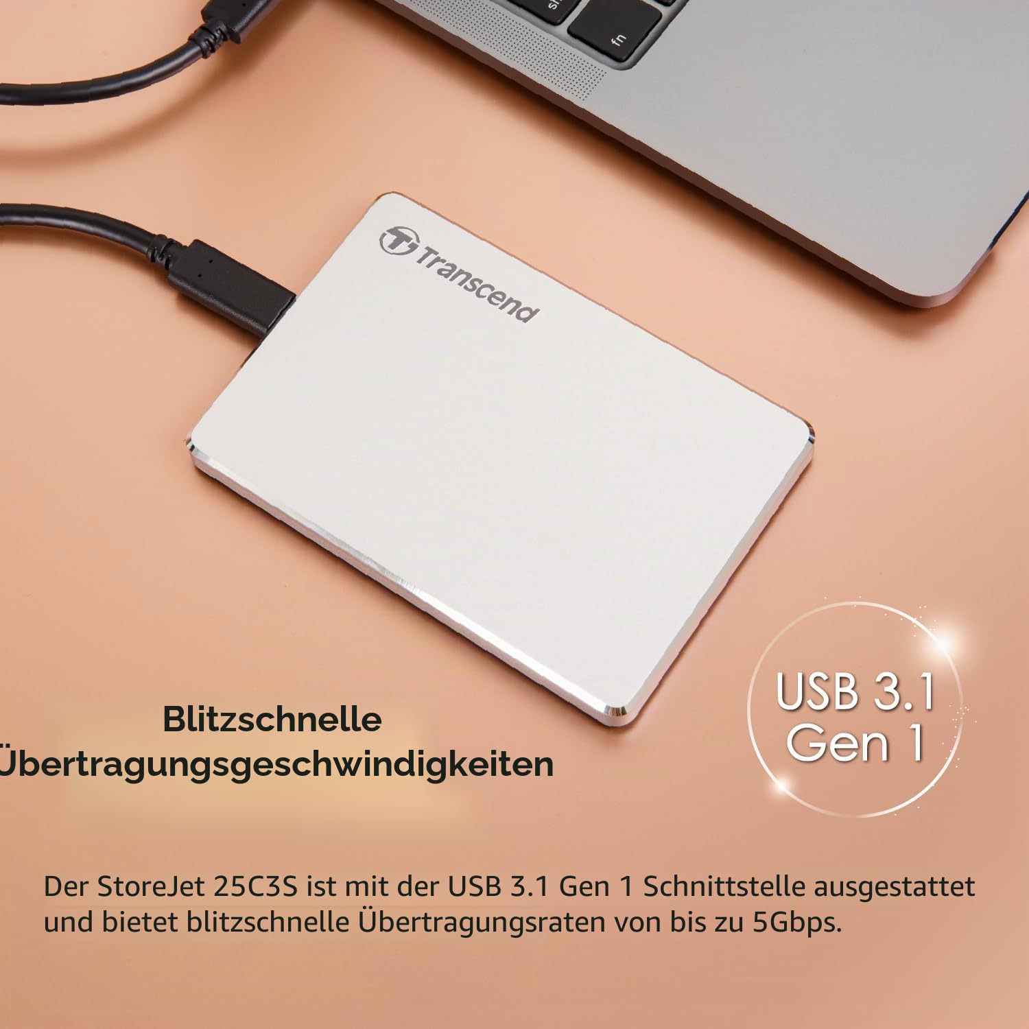 Transcend 1TB StoreJet 25C3S SJ25C3S Externe Festplatte TS1TSJ25C3S,1 TB,Type-C, USB 3.1 Gen 1