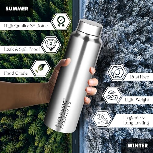Image of CLASSIC ESSENTIALS Stainless Steel Spring Water Bottle 1 Litre Each Pack of 6 | Leak Proof Steel Water Bottles | Rust Resistant Reusable Bottles for Home, Office, School & Gym | Silver
