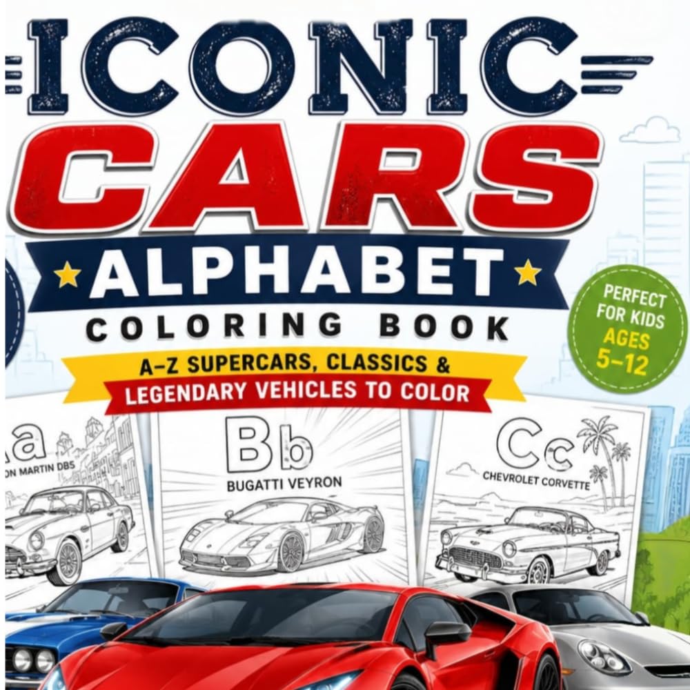 Iconic Cars Alphabet Coloring Book: A–Z Supercars, Classics & Legendary Vehicles to Color