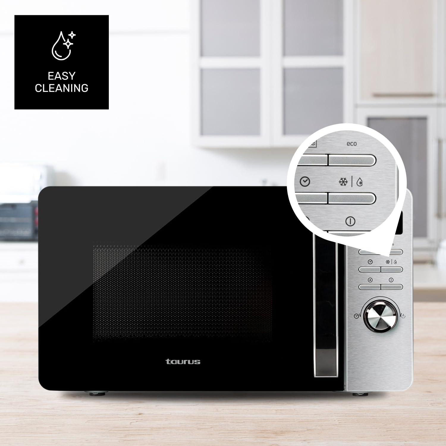 Taurus Fastwave 23 Digital - Micro-ondes 800W, 23L, Fonction grill 900W, Mode ECO, Décongélation, Multicook, QuickStart, Programmable, Auto-clean, Revêtement Shiny&Clean, 99min, Inox
