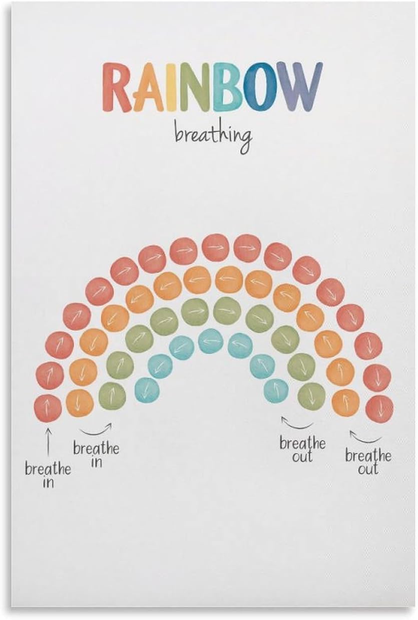 ZGOBMZ Rainbow Breathing Poster, Mindfulness Breathing, Counseling Office Decor, Mental Health, Grounding Technique Anxiety CBT For Home School Office Decor Unframe 12x18inch(30x45cm)