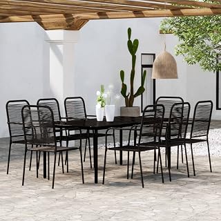 SKM Dining Set Black Powder-Coated Steel, Glass, Cotton Rope Large,Black (Weight 107.98KG)
