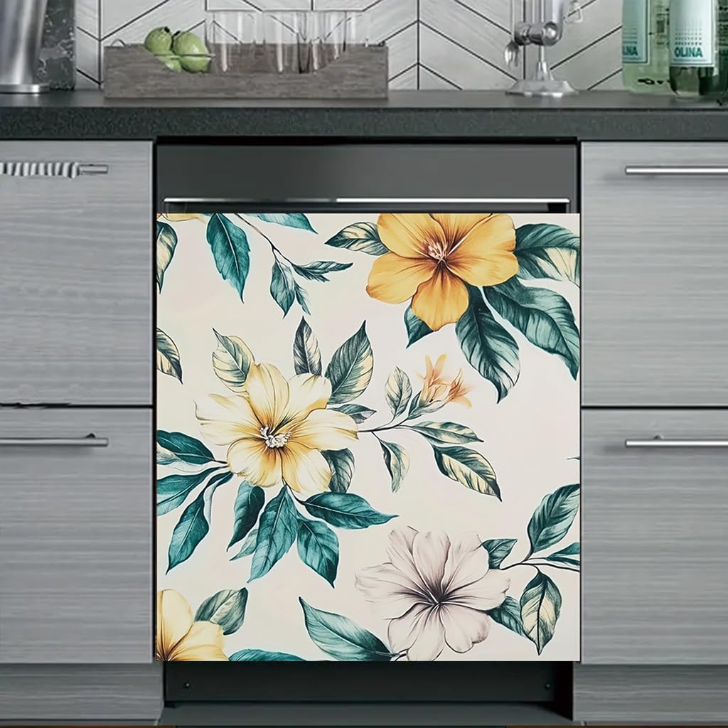 2D Flat Elegant Floral Pattern Dishwasher Magnetic Cover Soft Yellow Flowers Green Leaves Design Kitchen Appliance Panel Decal 23x26 Inch Minimalist Botanical Home Decor