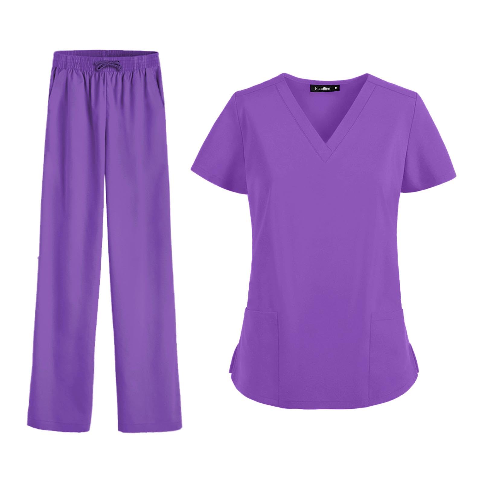 Oshhni Frauen Scrubs Sets Arbeitskleidung Kleidung Dünne Krankenpflegeuniformen Set Kurzarm für Skin Manage Cosmetology Beauty Spa Center, violett, xxL
