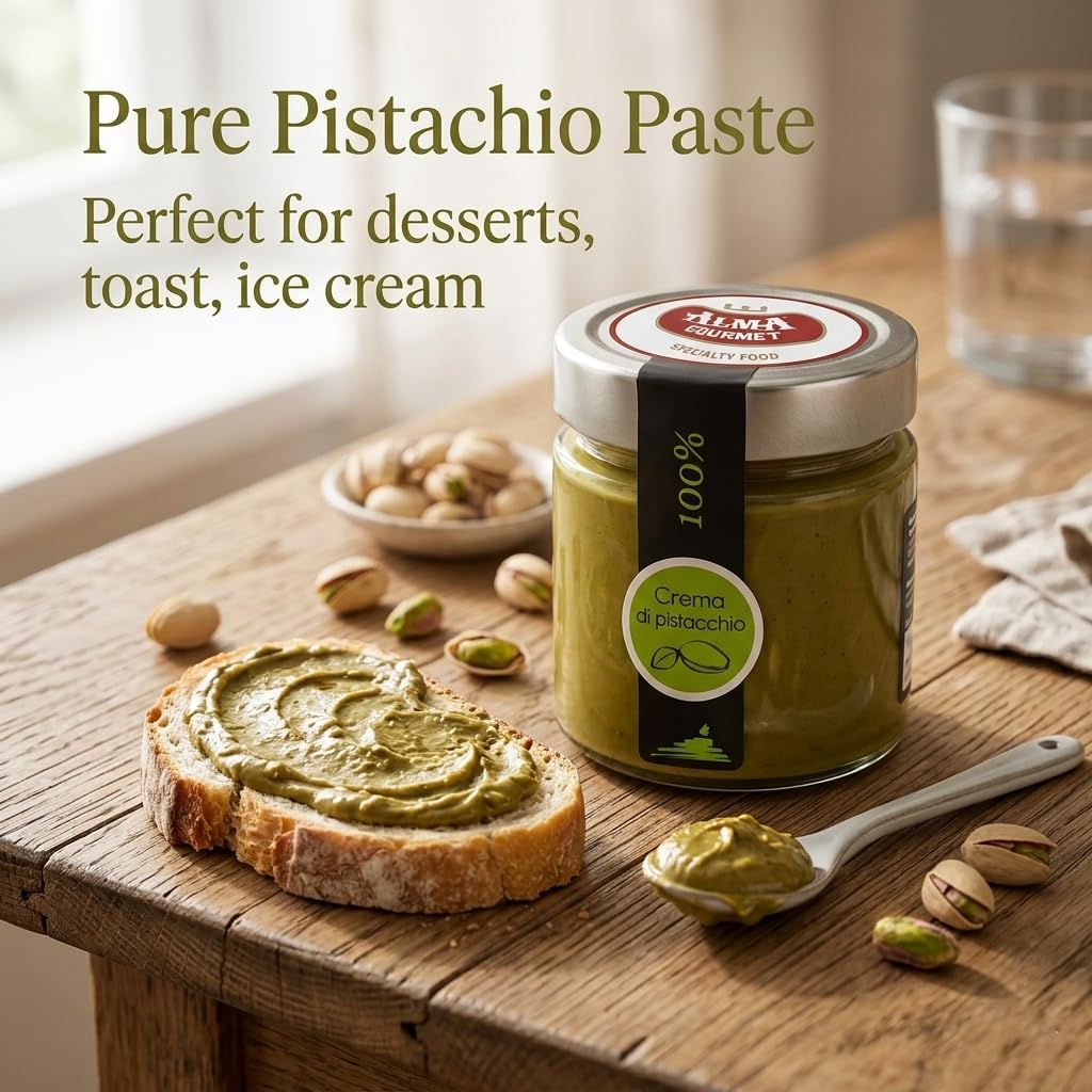 Alma Gourmet 100% Pistachio Butter Spread - Pure Pistachio Paste Cream Imported From Sicily, Italy - 100% Italian Pistachios - Only 1 Ingredient, No Additives or Preservatives - Perfect for Baking, Ice Cream & Dubai Chocolate Recipes - 6.7 oz (190g) (Pack of 3)