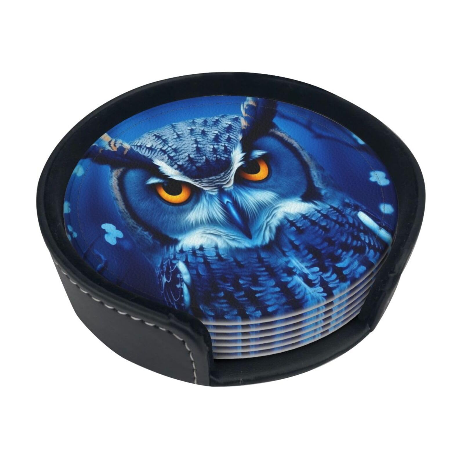 Blue Owl Round Leather Coasters (6 Pieces) - Drink Coaster Set For Desk, Modern Easy To Clean Home Office & Farmhouse Coasters