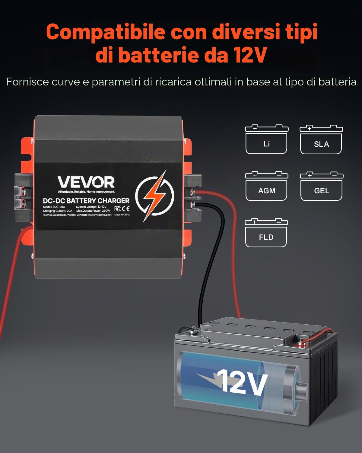 VEVOR Caricabatterie 12V 20A DC/DC, 250 W, Caricabatteria di Bordo per Batterie al Piombo, al Litio, AGM, GEL e Allagate, Ricarica Intelligente, per Camper, Veicoli Commerciali, Barche
