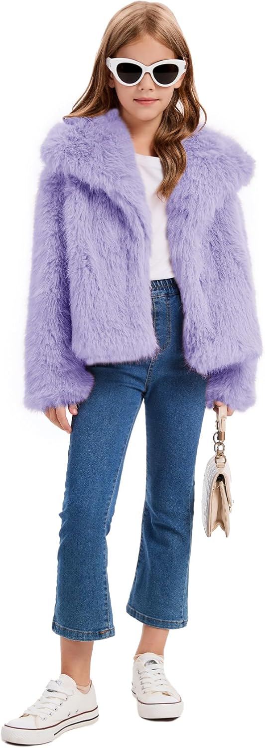 Flygo Girls Faux Fur Coat Kids Fluffy Long Sleeve Lapel Collar Open Front Jacket Warm Winter Shaggy Outwear with Pockets - Image 6