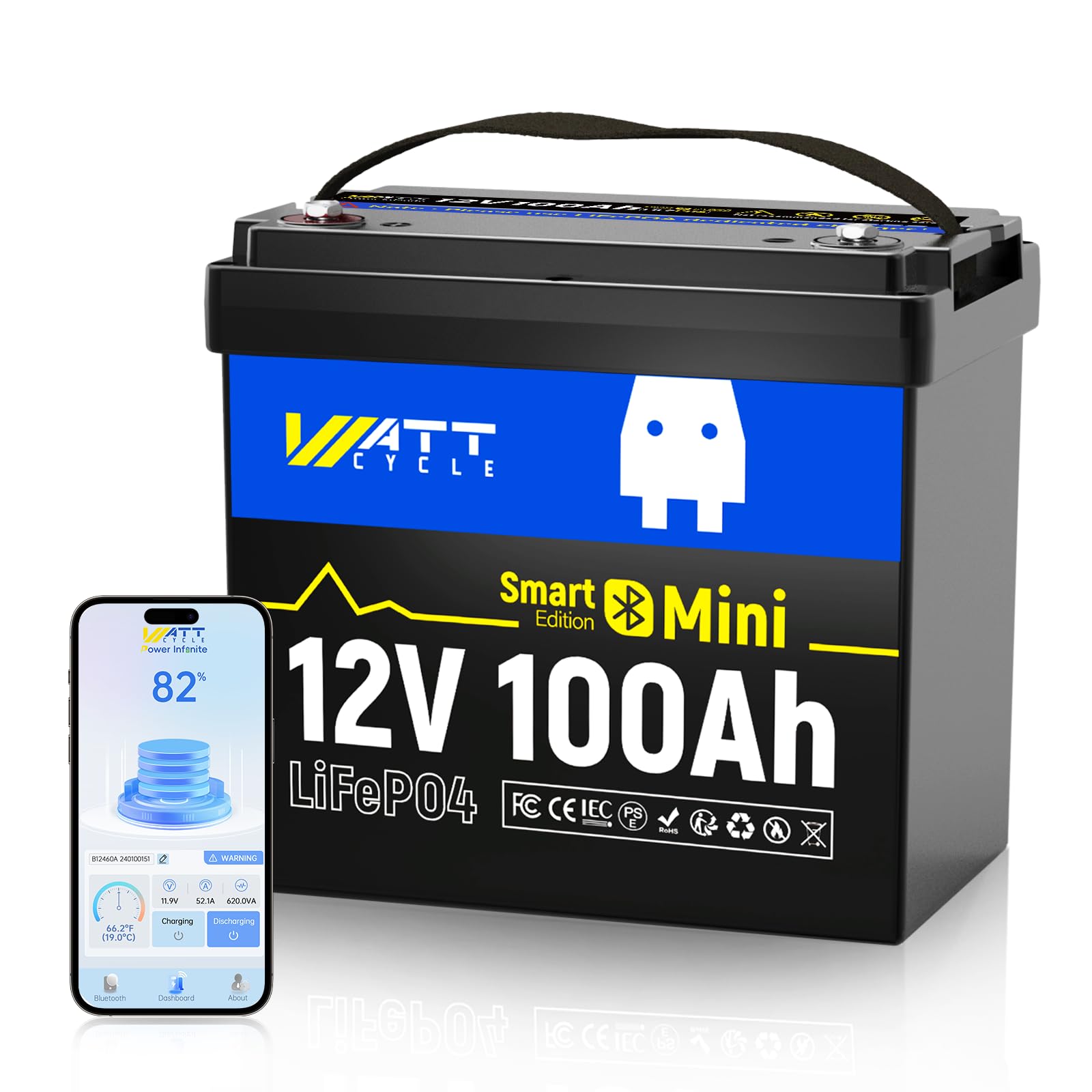 Batería de Litio LiFePO4 12V 100Ah con Bluetooth, Grupo BCI 24, 12V Mini Baterías 100A BMS Inteligente, Soporta Bluetooth en Teléfono, 15000 Ciclos Profundos, Motor de Arrastre Marino RV