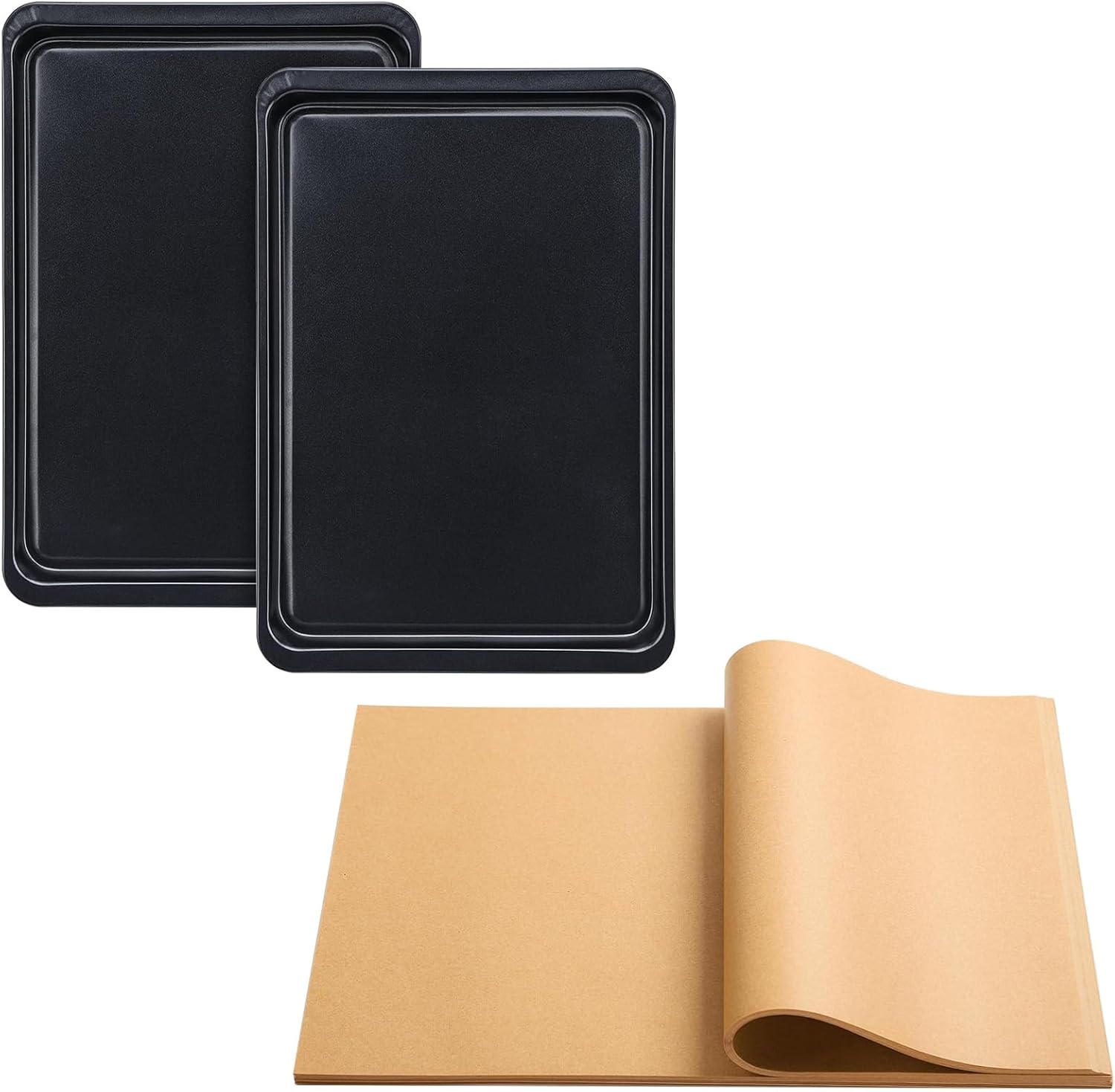 Beasea Cookie Sheet with Parchment Paper Set, 2 Pack 10x14.6 Inch Baking Sheet Pans with 200pcs 10x14 Inch Parchment Paper, for Baking Roasting Tray
