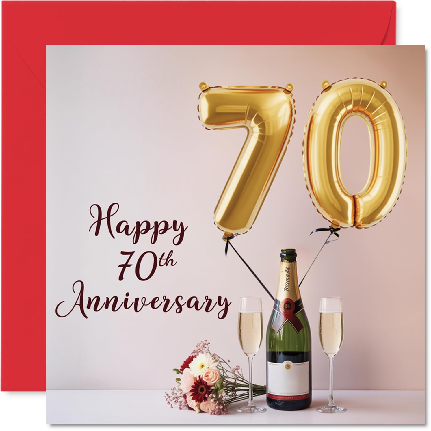 70th Anniversary Card for Women and Men, Balloons & Bottle of Bubbly